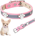 Reflective brown PU leather dog collar with a metal buckle and decorative paw rivet, shown on a size chart.