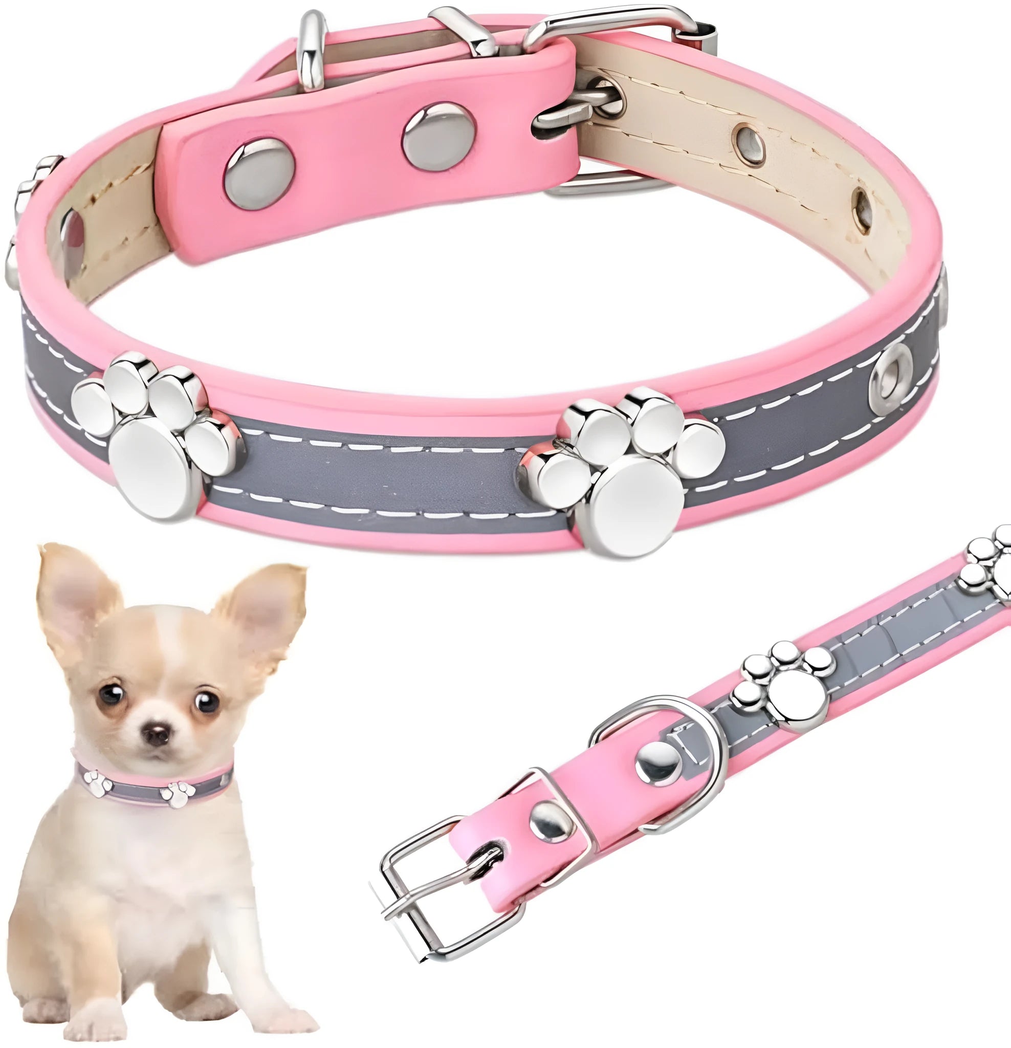 Reflective brown PU leather dog collar with a metal buckle and decorative paw rivet, shown on a size chart.