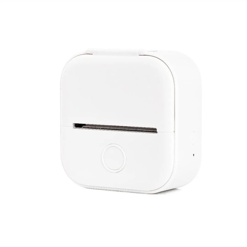 Portable mini thermal label printer in white with Bluetooth, inkless printing, compact 87mm x 90mm x 40mm