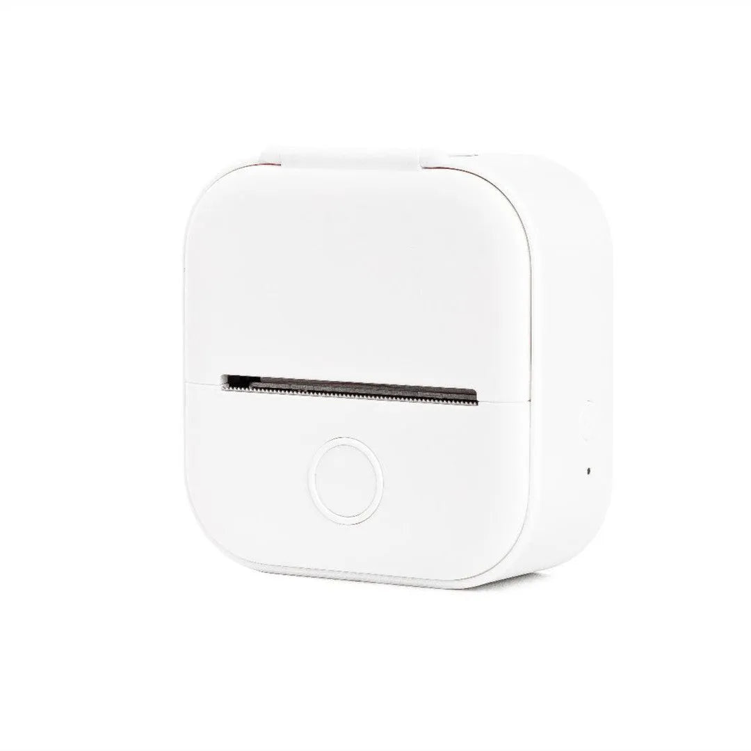 Portable mini thermal label printer in white with Bluetooth, inkless printing, compact 87mm x 90mm x 40mm