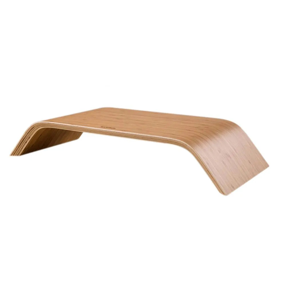 Walnut laptop stand with stability bracket in bamboo leather colour on a desk