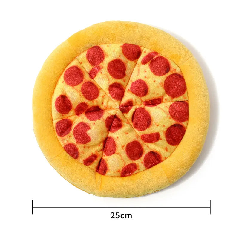 Yellow rubber pizza-shaped dog chew toy with squeaker for interactive play.