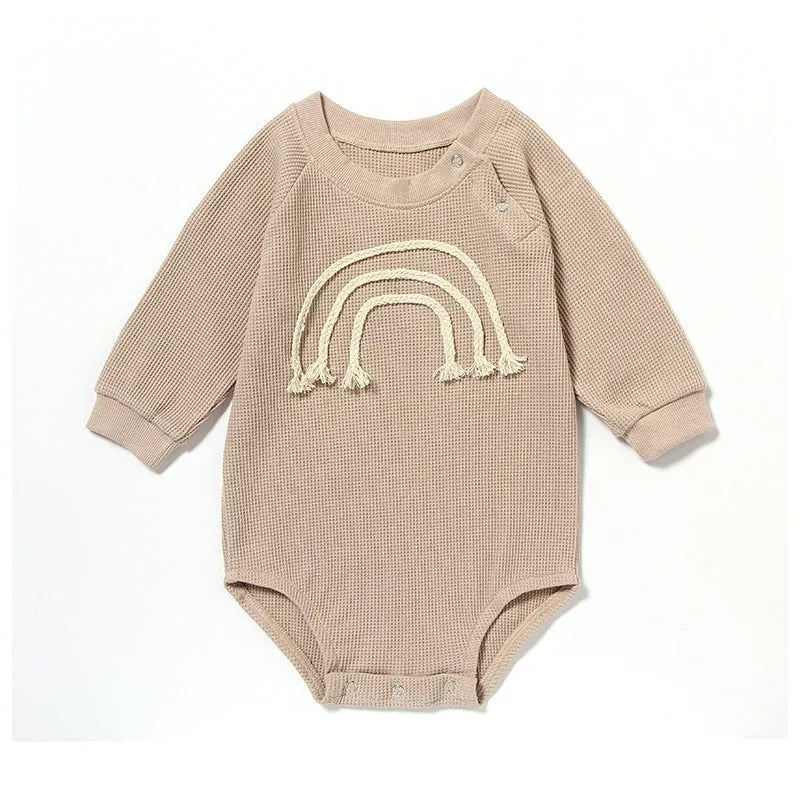 Waffle cotton baby long sleeve romper in beige with cotton rope closure