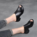 Women's black square heel peep-toe sandals with fish mouth scaffold design