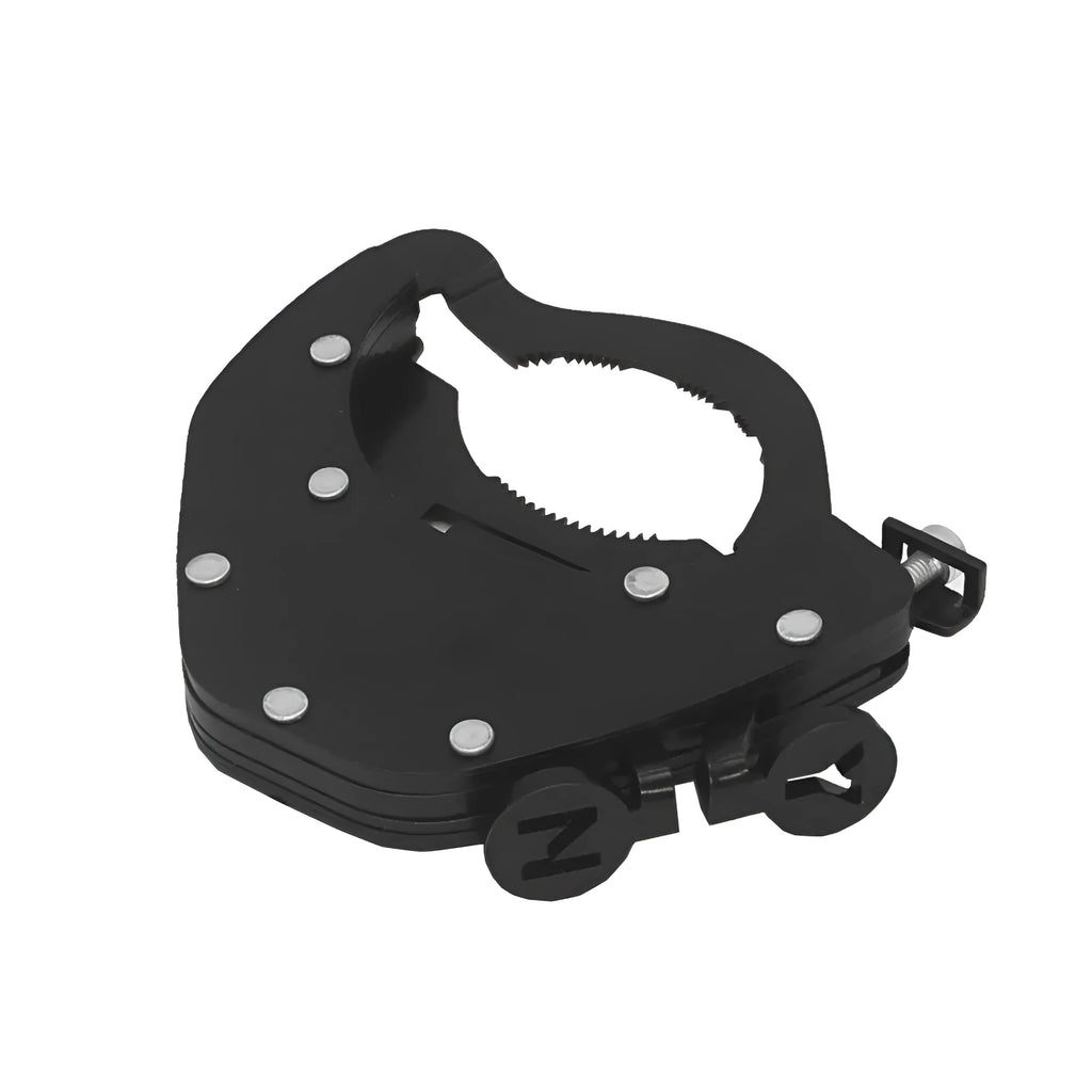 Stainless steel universal motorcycle throttle lock for cruise control, shown with bottom and top mounting format options.