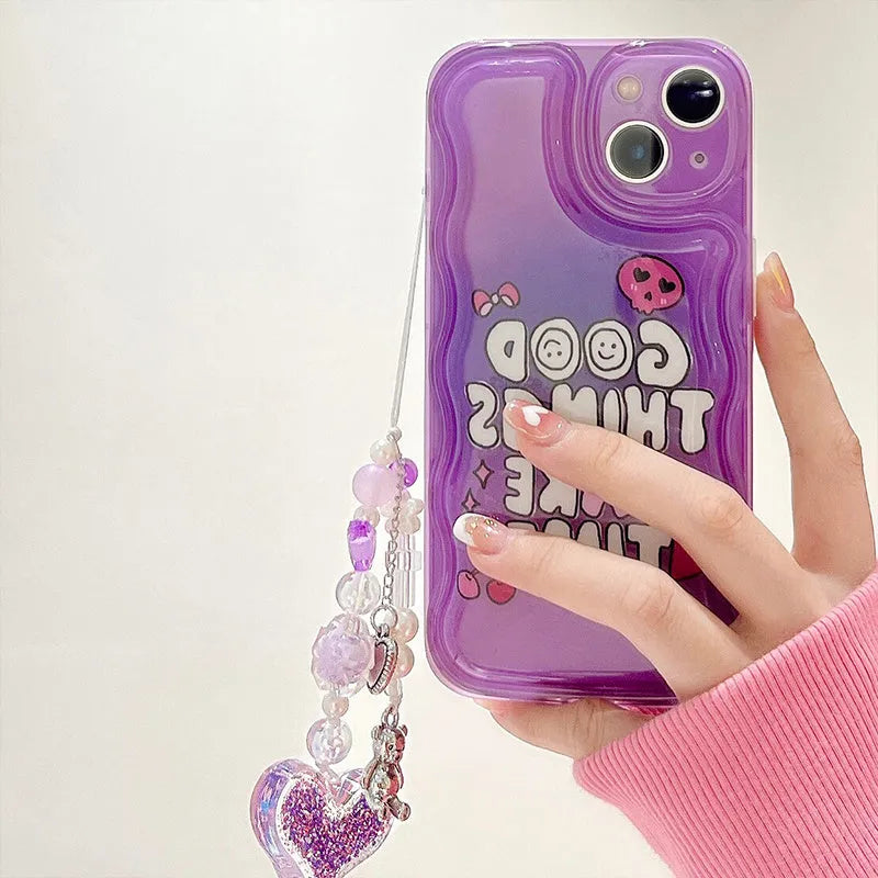 Purple graffiti English love design mobile phone case with integrated chain bracelet for iPhone