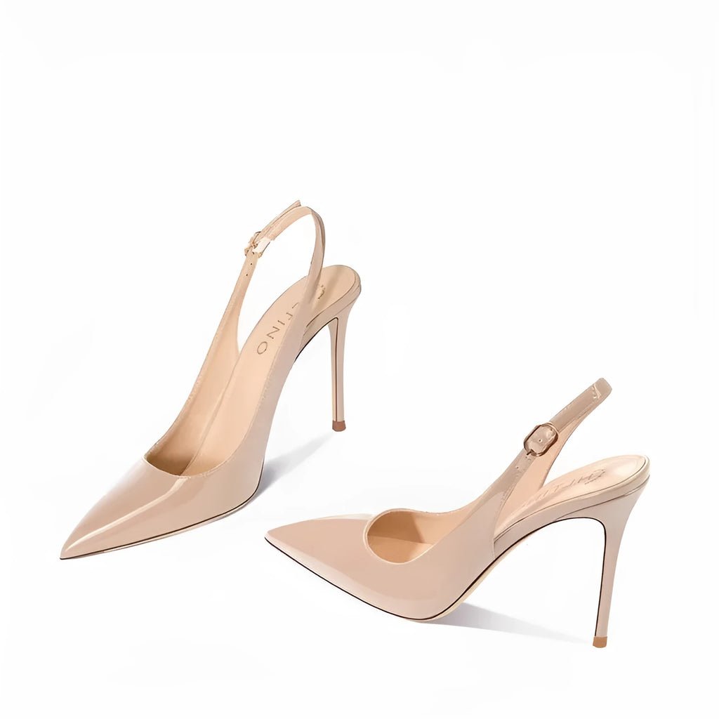 Women's nude leather ankle-strap high heels with hollow design and button fastening