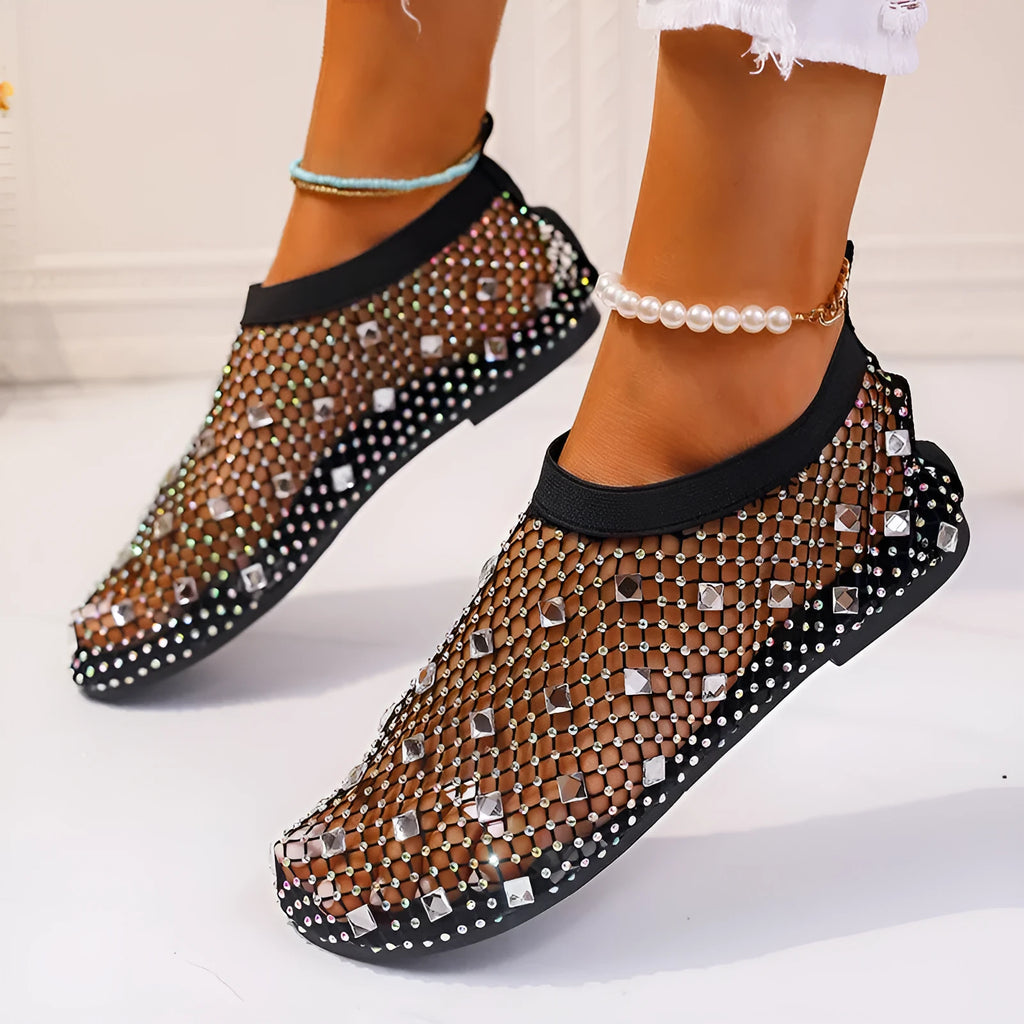 Women's colourful rhinestone mesh flat sandals with round toe and rubber sole