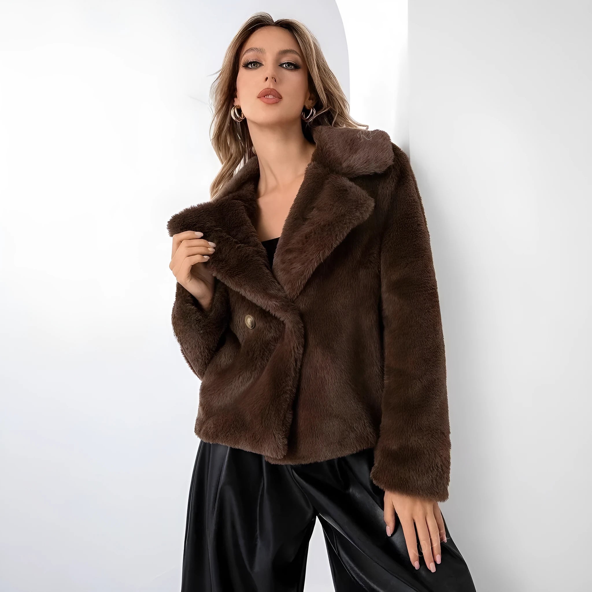 Short loose-fitting women's faux fur coat in rose red on a model.