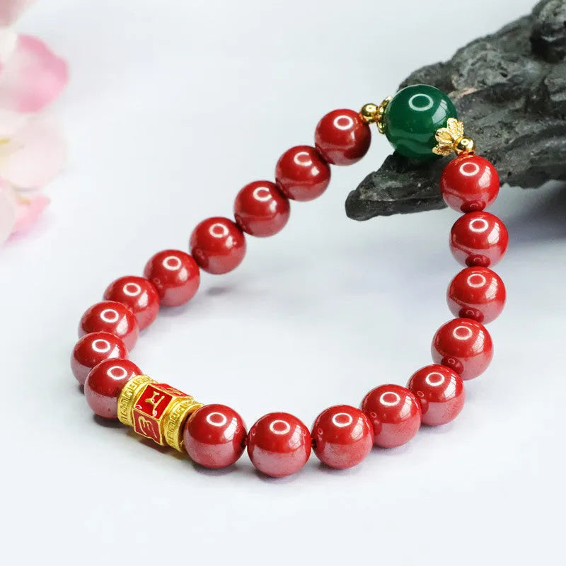Emperor sandstone cinnabar bracelet with six-words proverb engraving showing 8mm bead diameter