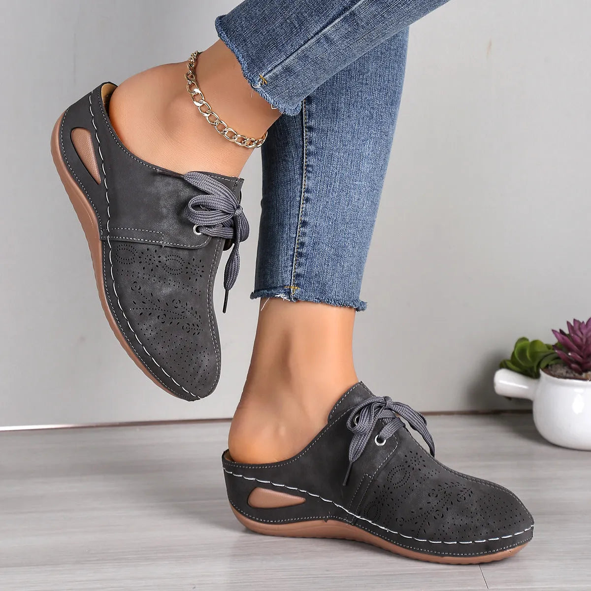 Women's lace-up wedge slippers with hollow out design in light grey colour