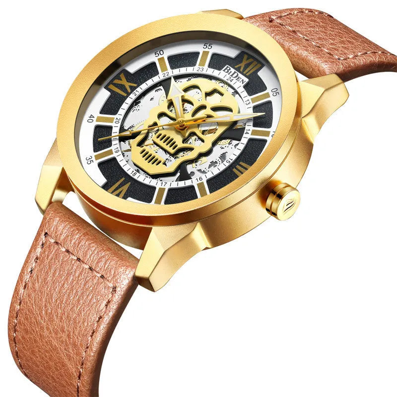 Biden men's hollow case quartz watch with calendar on dial, shown with black and brown leather strap options.