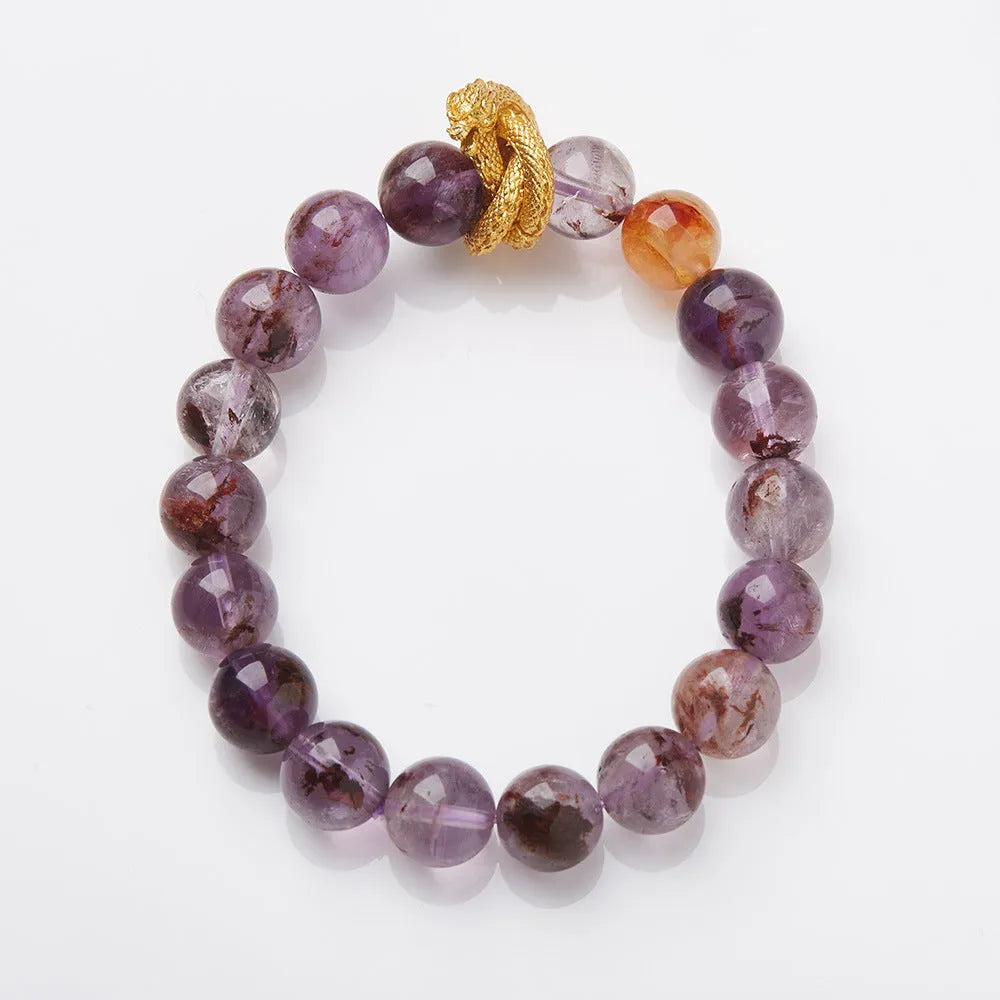 Purple crystal bracelet with 10mm beads featuring Nine Purple Good Luck design and animal zodiac motifs