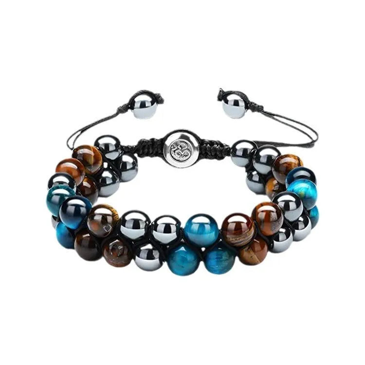 Men's tiger eye stone woven bracelet with geometry pattern and magnet closure