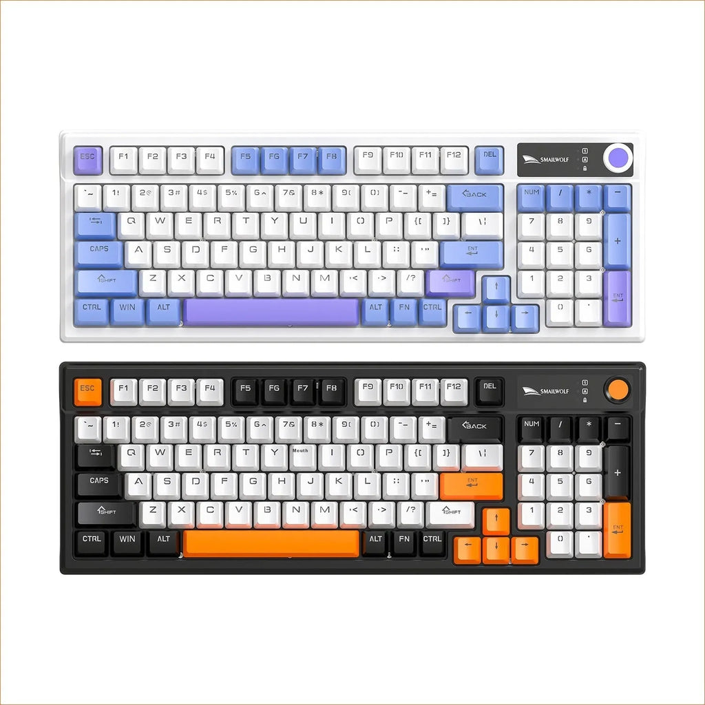 SK15 wired mechanical keyboard with volume knob in Black, Sunset Orange, or Autumn Water Blue colours