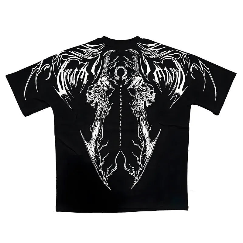 Men's dark coloured cotton T-shirt with loose fit design and gilding craft detail on short sleeves