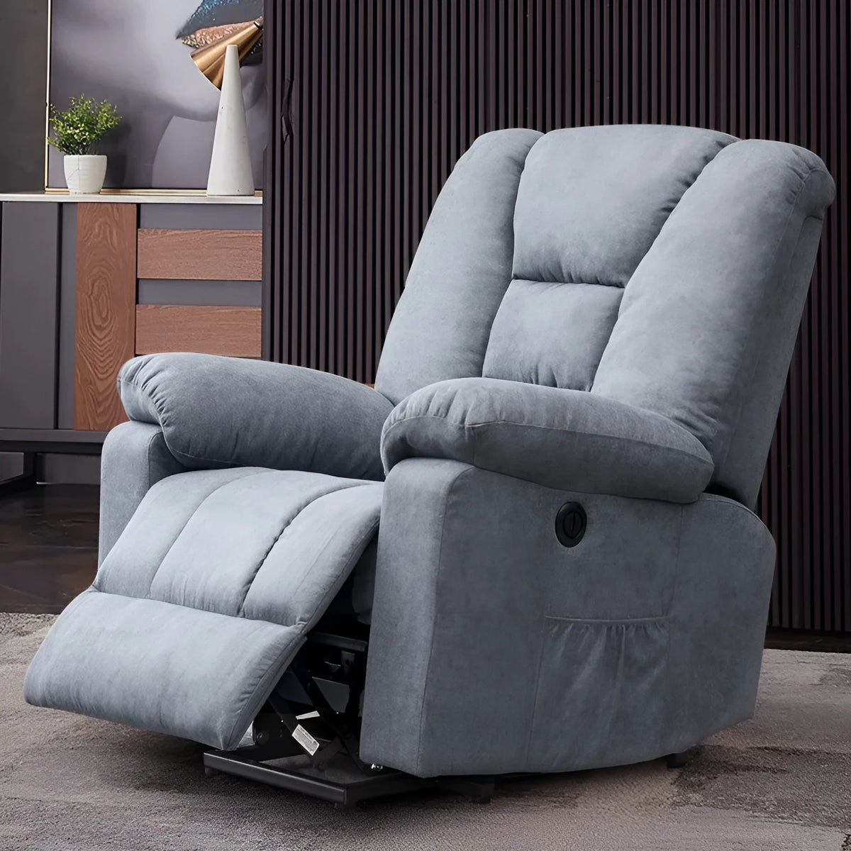 Blue cloth art electric massage recliner with USB port and 8-point vibration massage in a living room