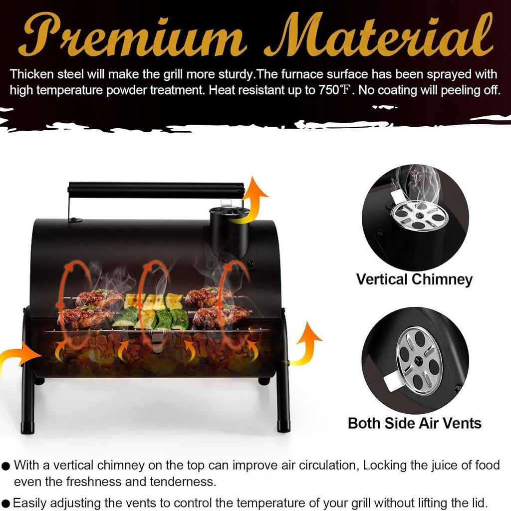 Small black folding metal desktop barbecue with a grill, set up for use.
