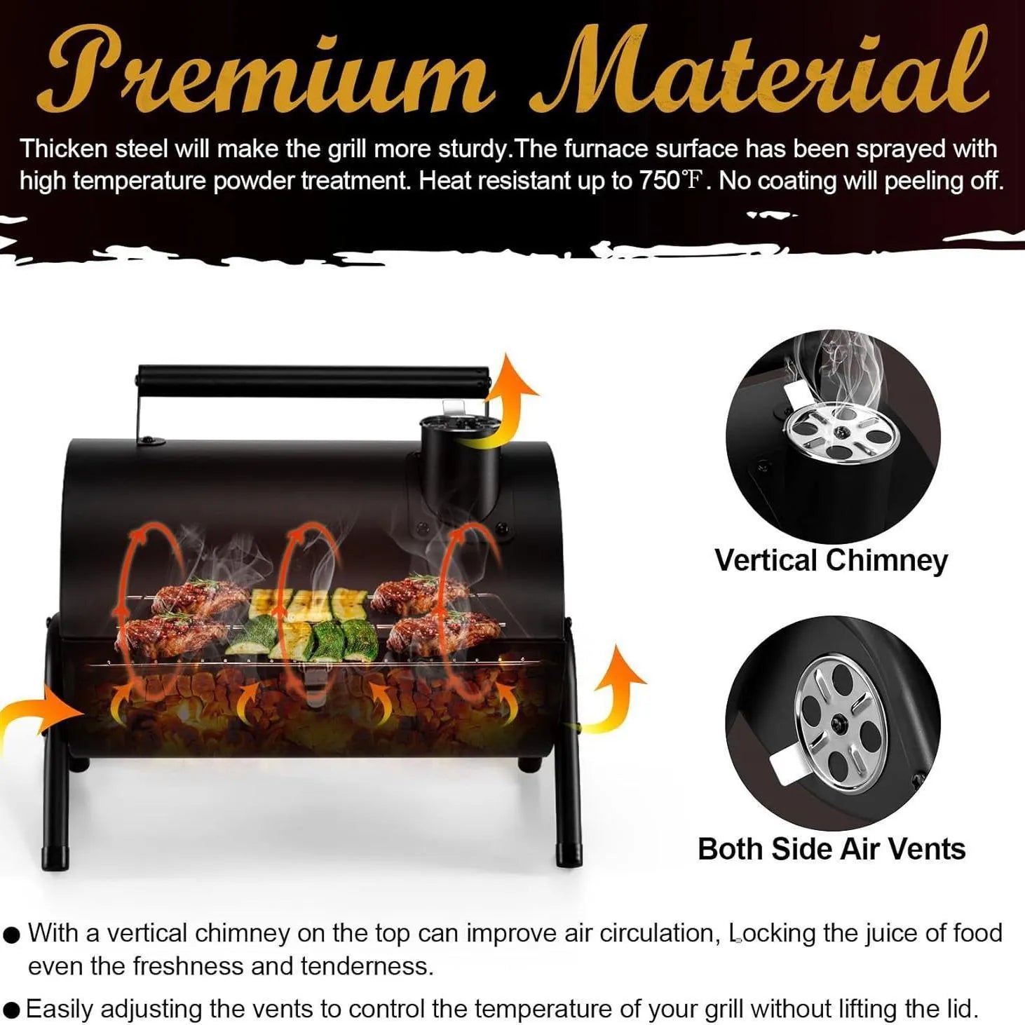 Small black folding metal desktop barbecue with a grill, set up for use.