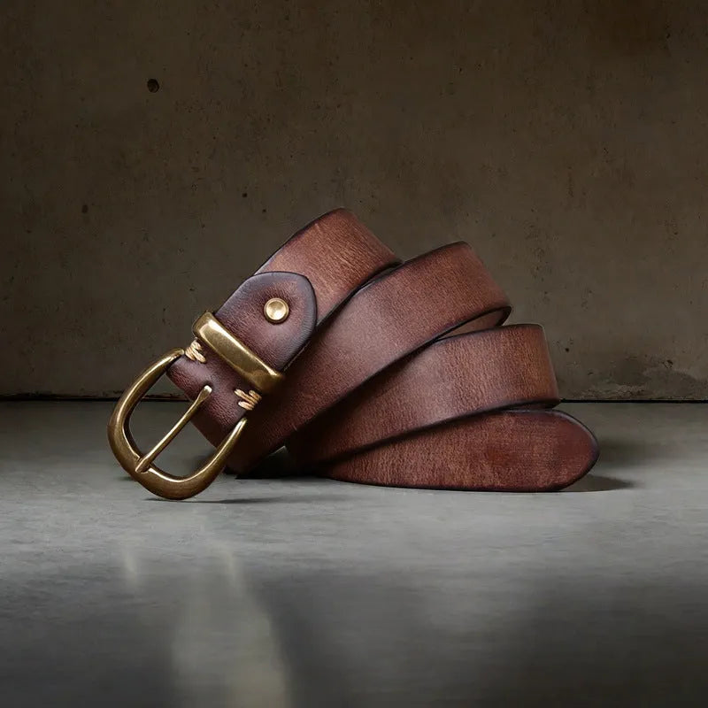 Men's casual leather belt in black with copper buckle showing length adjustment holes