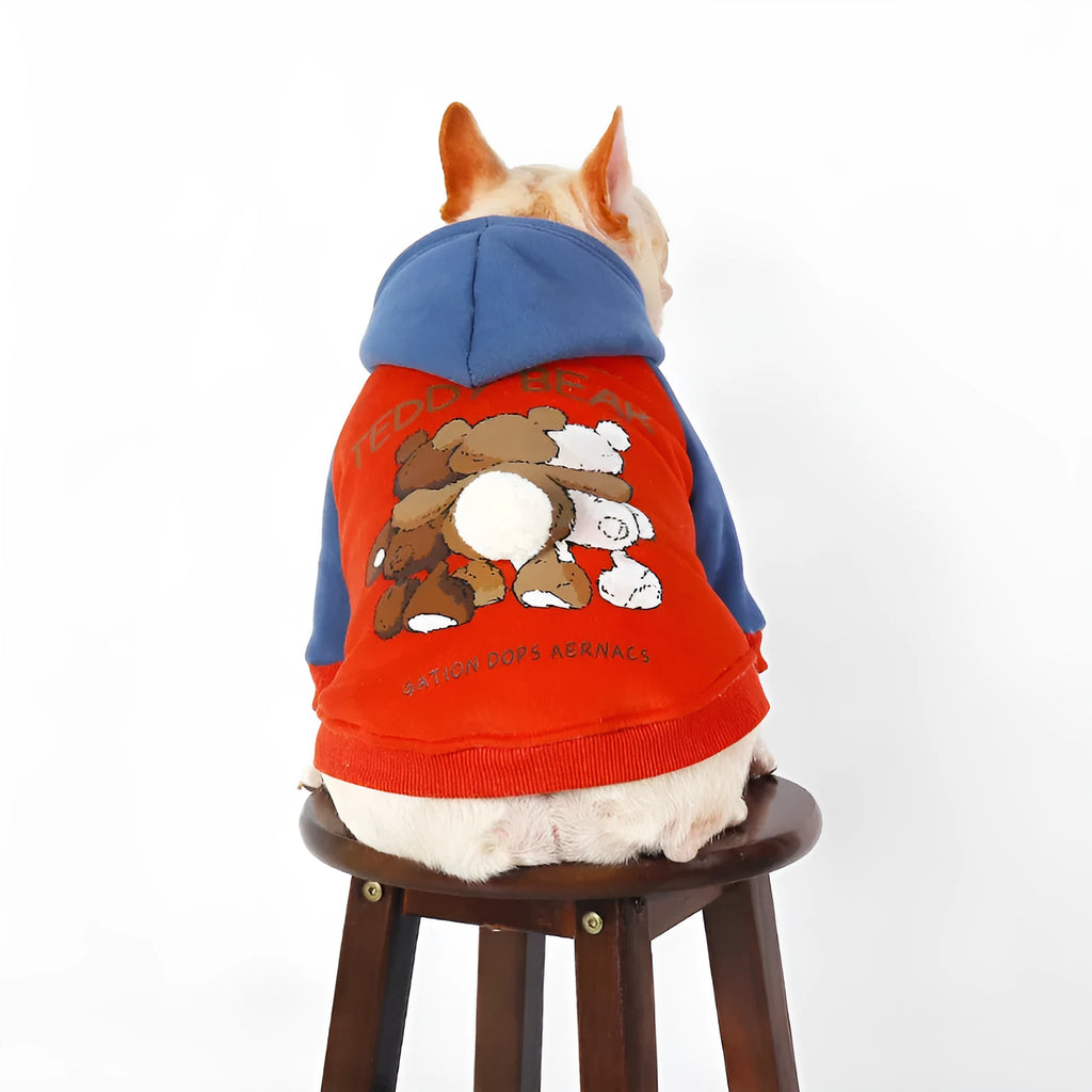 Red cotton dog coat for small to medium-sized breeds like Teddy or French Bulldog on a size chart showing L to 4XL.