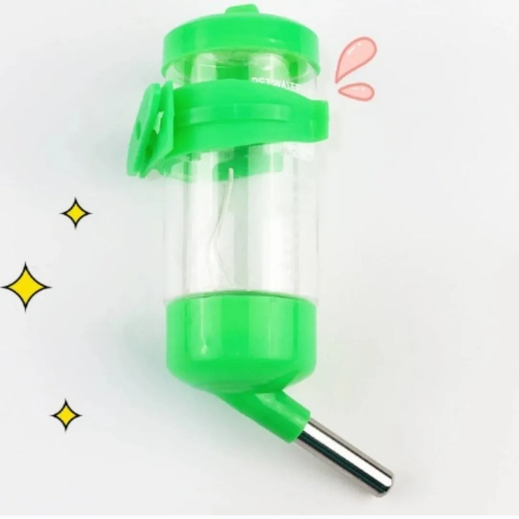 Green plastic ball kettle pet water feeder with leak-proof design attached to a small animal cage.