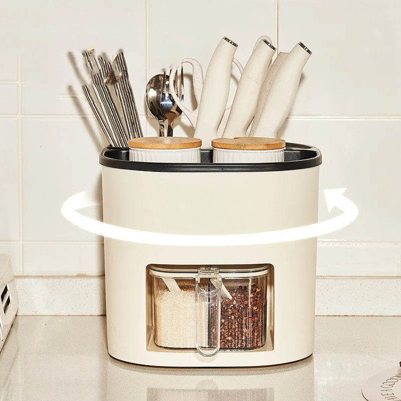 White rotating kitchen storage bucket with separate four-section spice box organiser on countertop.