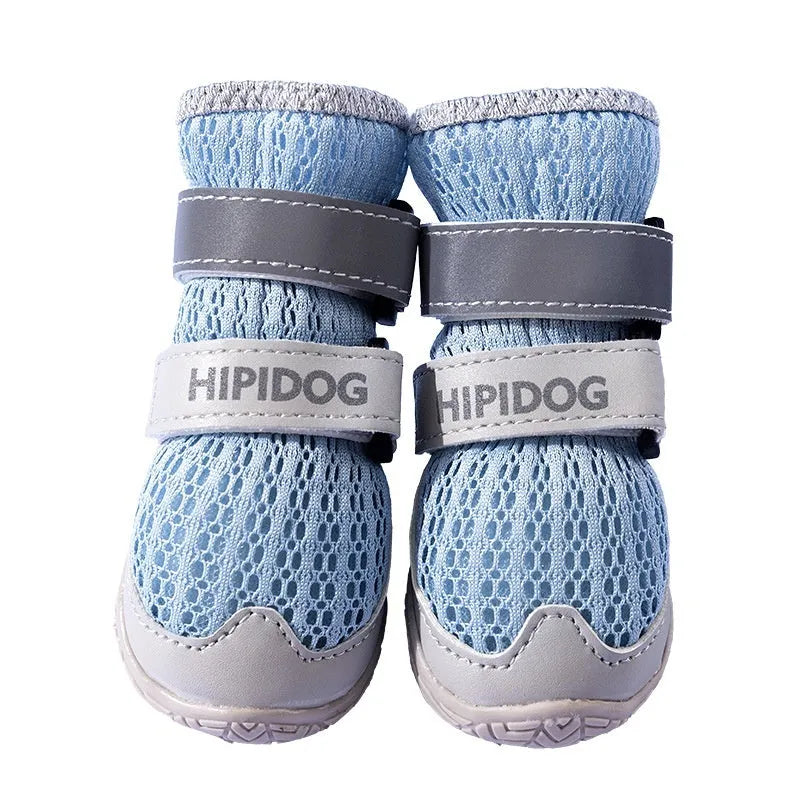 Cartoon style blue and green PU dog shoes for summer, showing wear-resistant soles.