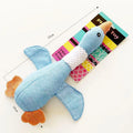 Blue durable plush duck dog toy with squeakers on a white background.
