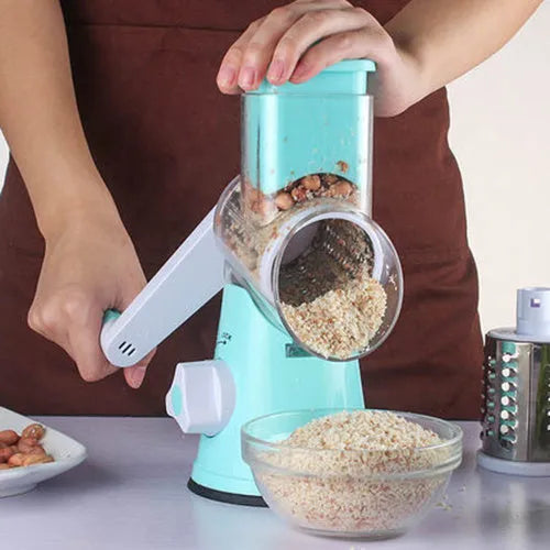 Manual round mandoline vegetable slicer with stainless steel blades in blue colour
