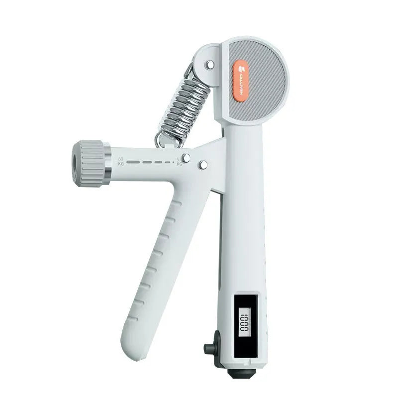 Adjustable spring grip strength trainer in ABS plastic showing three colour options