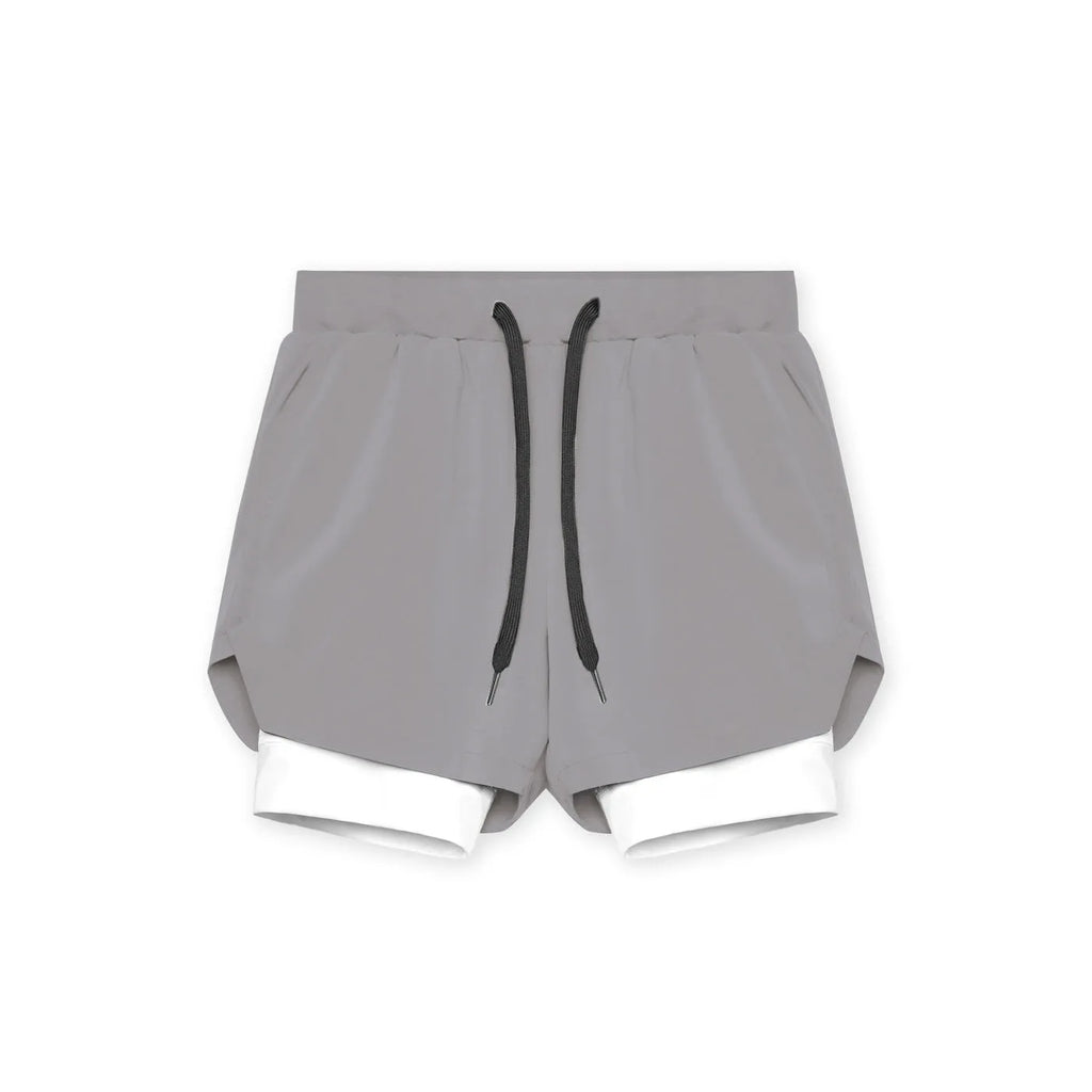 Men's double-layer quick-dry running shorts in khaki, mid-waist loose fit polyester fitness shorts with lining