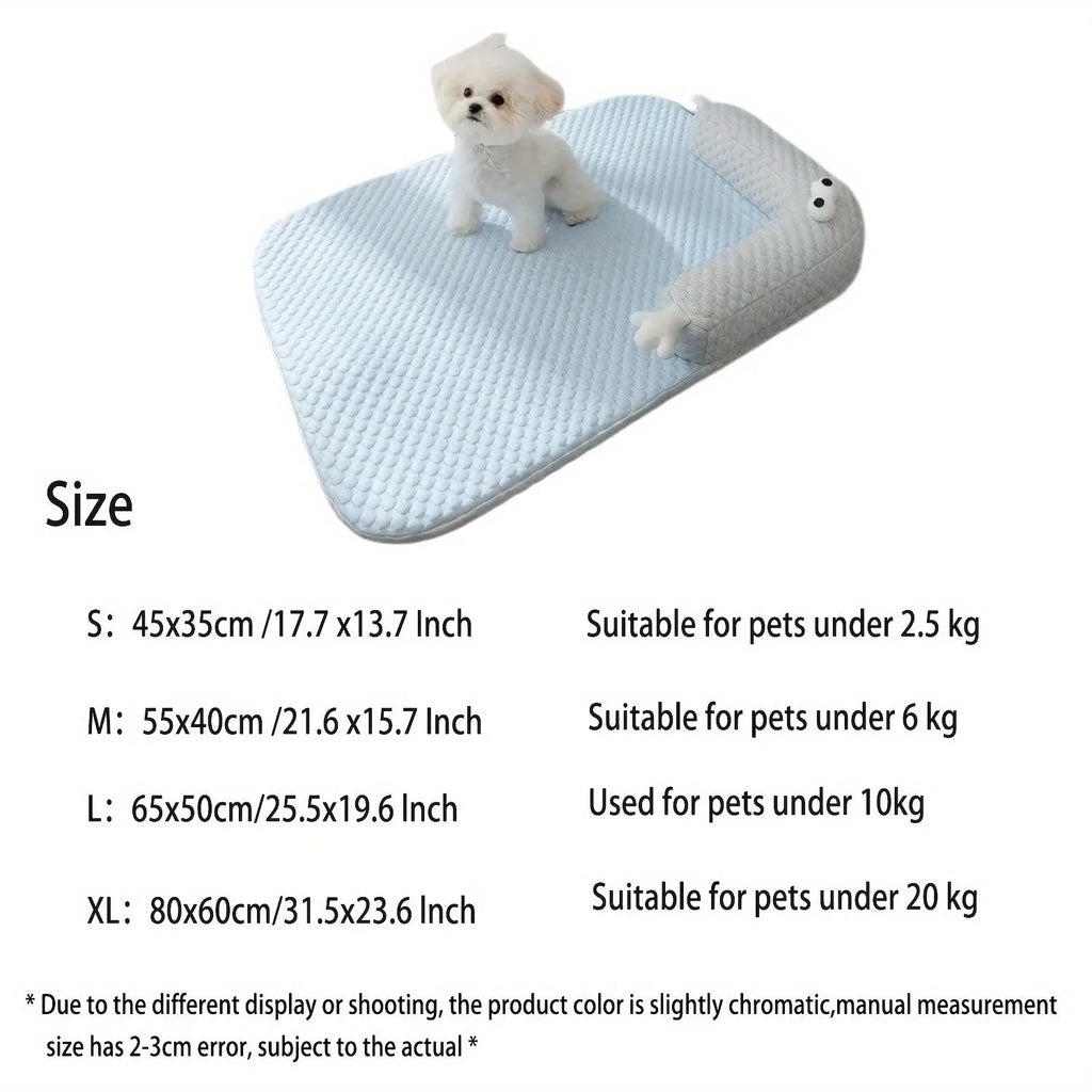Blue pet bed cushion with big-eyed monster design for dogs and cats on a wooden floor