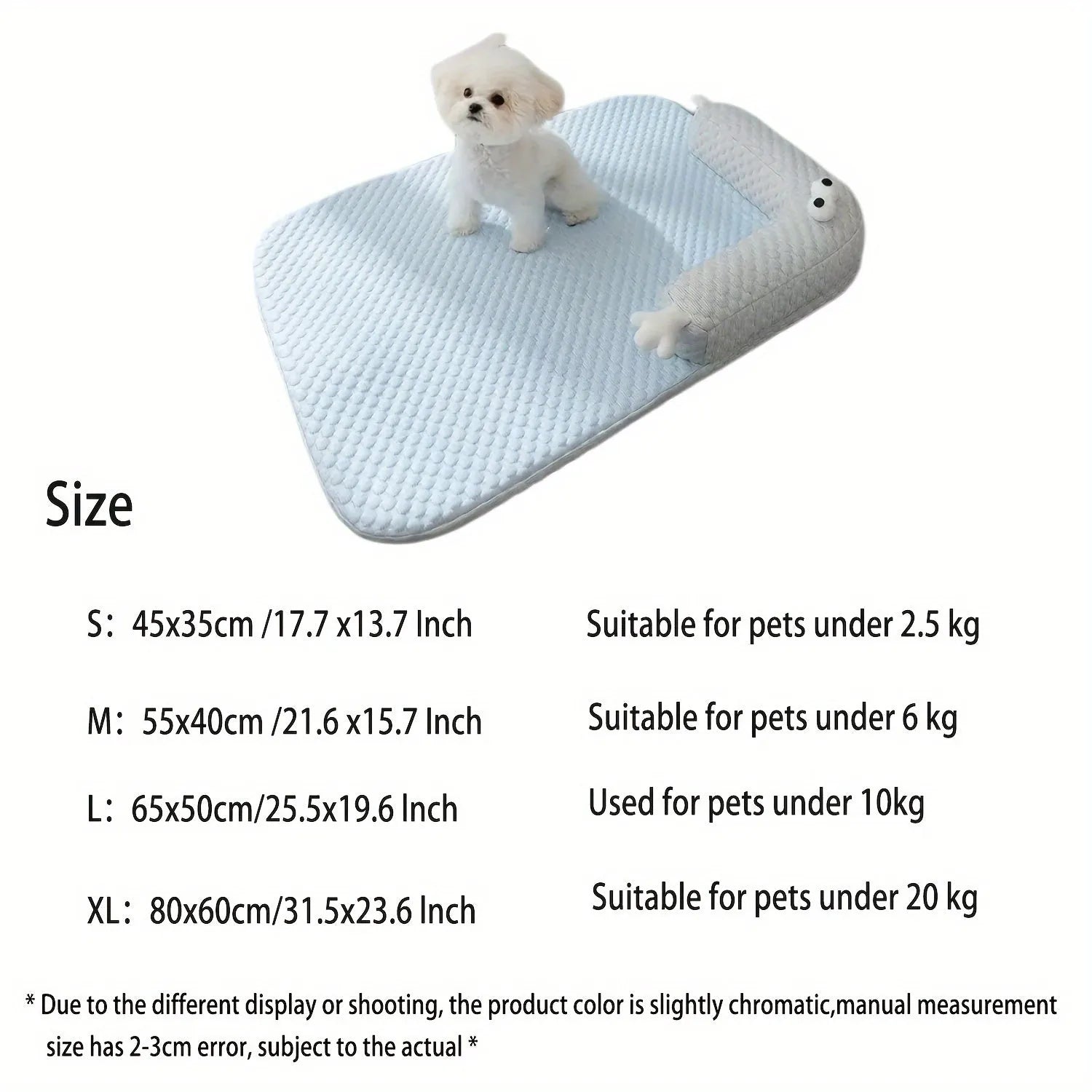 Blue pet bed cushion with big-eyed monster design for dogs and cats on a wooden floor