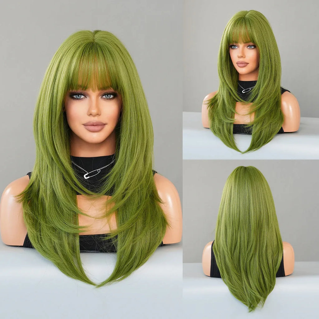 Long straight vanilla green women's wig with full bangs, 63cm length.