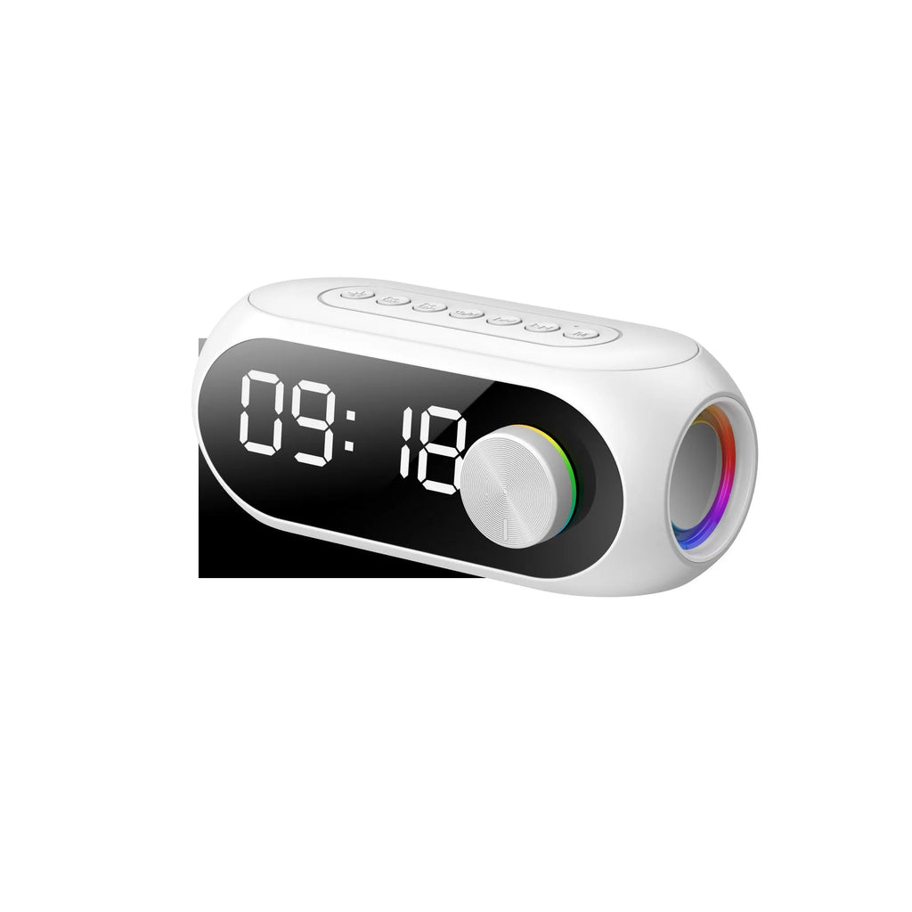 Portable Bluetooth speaker with extra bass in black, white, or blue colours, showing USB charging port