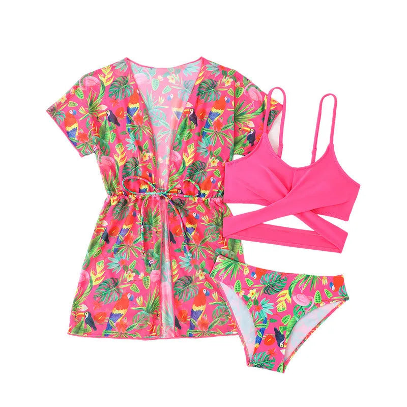 Girls floral split overclothes swimsuit bikini set in pictured colour for swimming activities