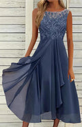 Women's sleeveless mid-length chiffon dress with lace detailing in blue, green, or purple