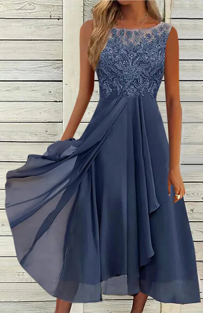 Women's sleeveless mid-length chiffon dress with lace detailing in blue, green, or purple