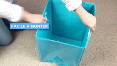 Blue folding detachable storage basket with clear front panel on a shelf