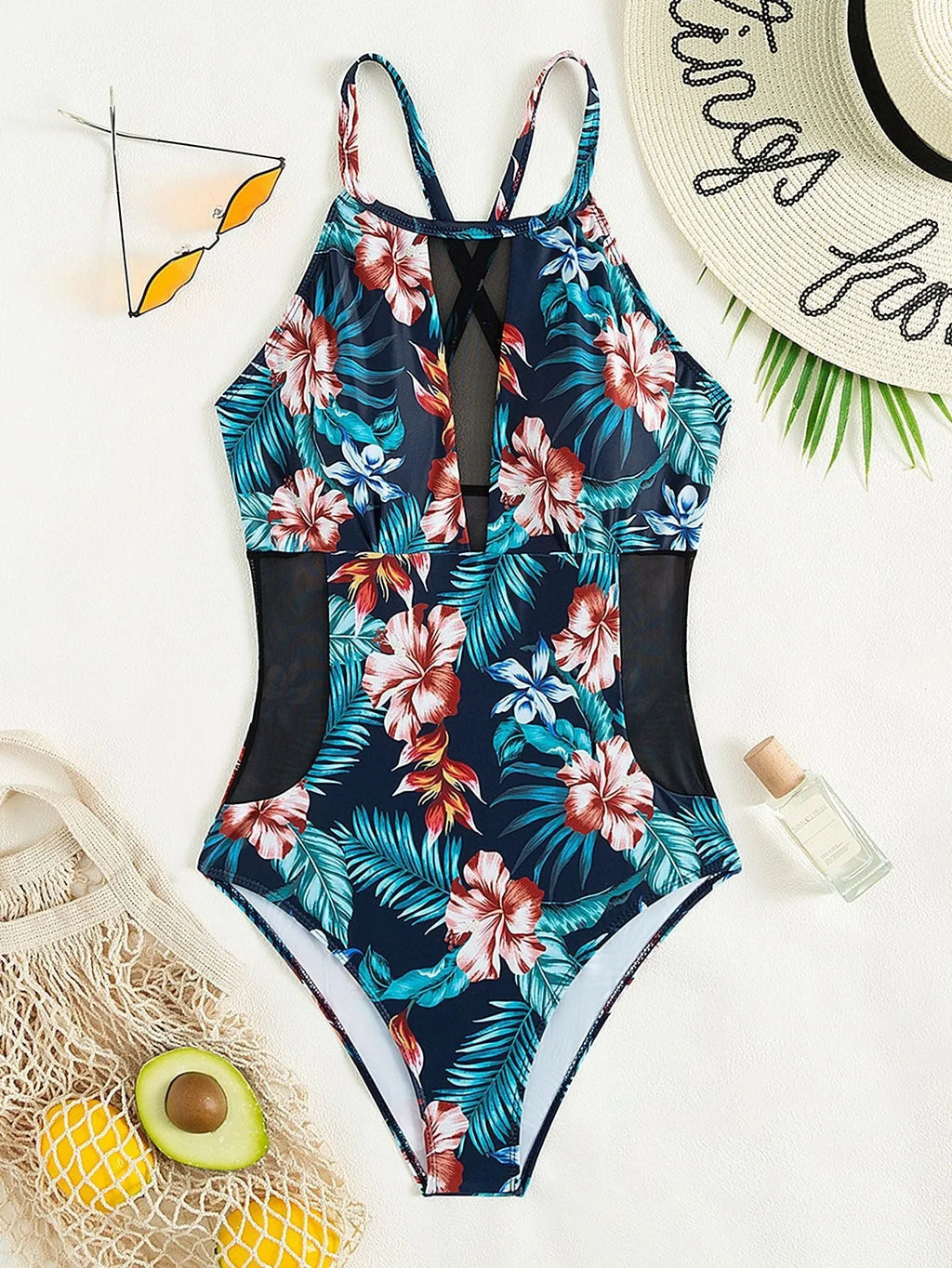 Women's deep V-neck one-piece swimsuit in solid colour or gradient print with polyester lining