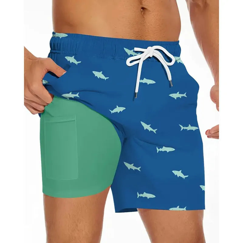 Men's loose-fit polyester beach shorts shown in one of 11 colour options, sizes up to 5XL.