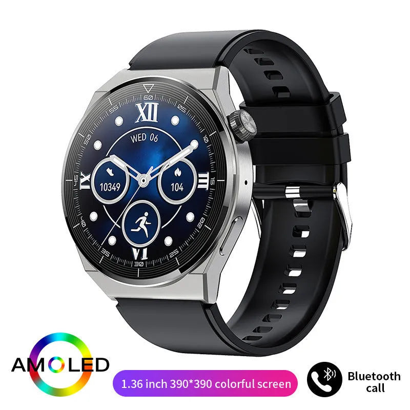 Black silicone and silver vinyl Bluetooth calling smartwatch with heart rate monitoring on wrist