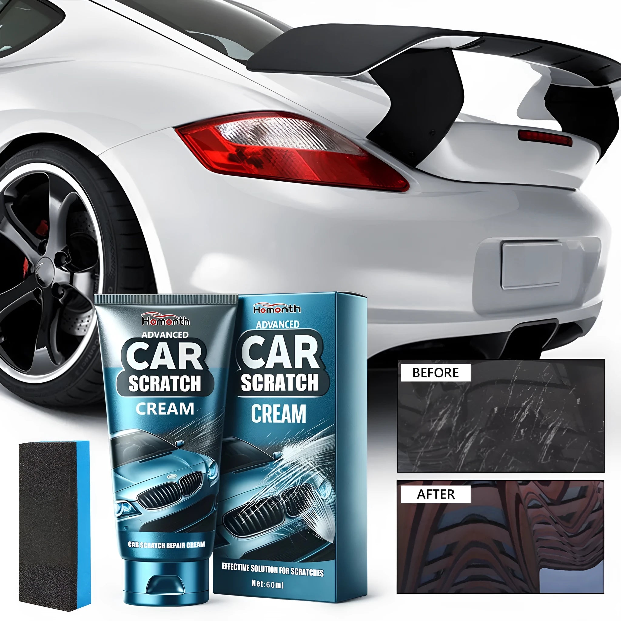 Car scratch repair cream kit showing 60ml tube and sponge applicator for vehicle paint renovation
