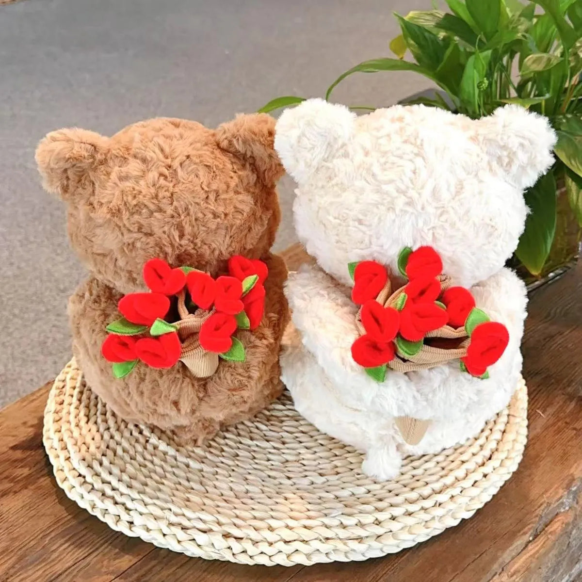 Rose bouquet bear doll plush toy in dark brown or light brown, small or large size, with one plush toy per pack