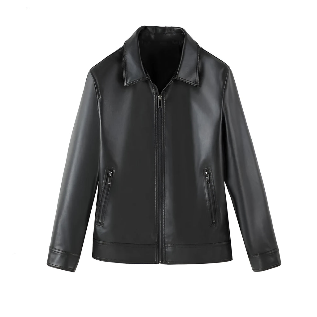 Men's black loose fit PU leather casual jacket with zipper pockets