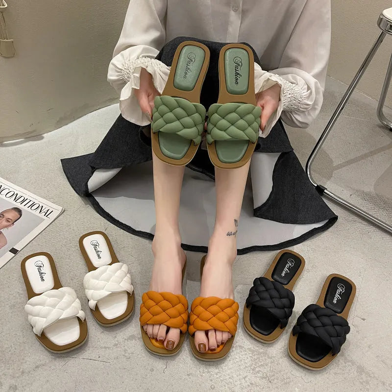 Women's PVC plaid beach sandals with a thick non-slip sole in black, green, orange, and white colour options.