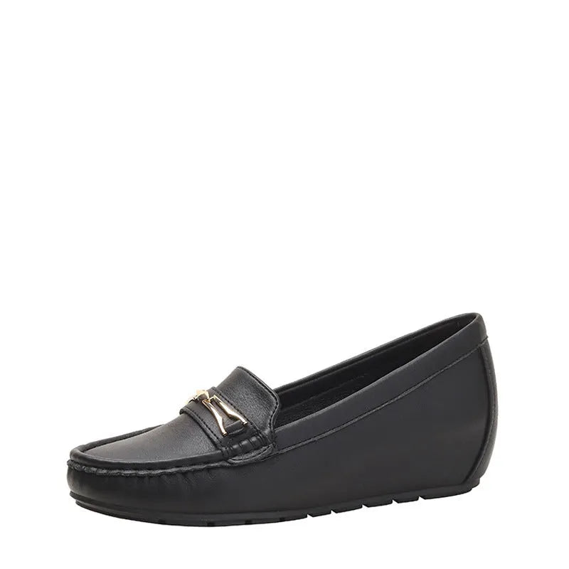 Black height-increasing casual slip-on shoes with a round toe and rubber sole.