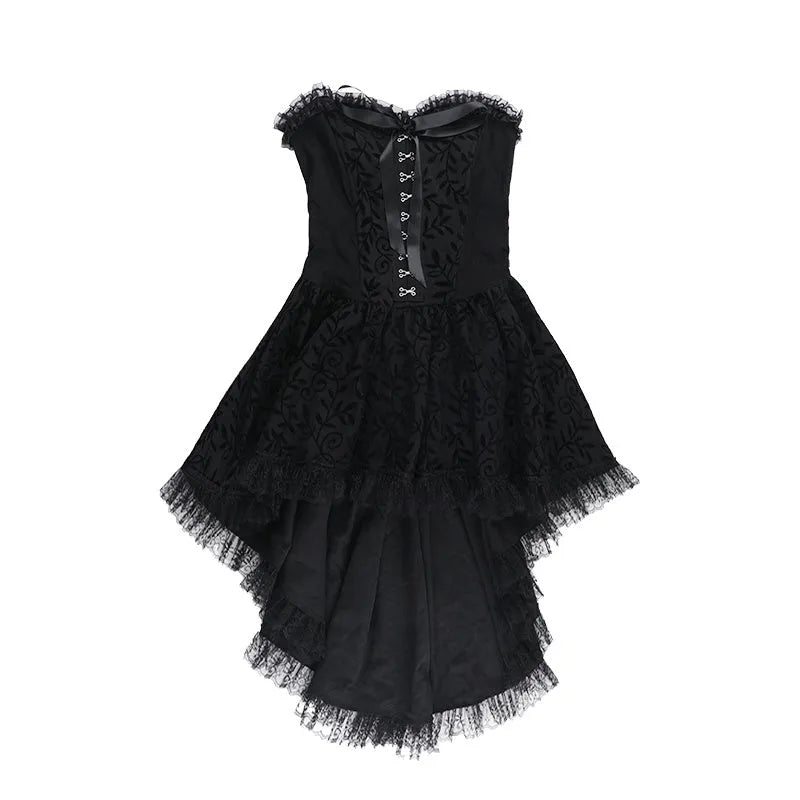 Black gothic flocking bra trailing dress with bow detail sleeveless nylon