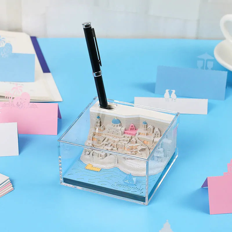 Santoorini 3D paper carving notepad model with LED lights, showing layered beach construction.
